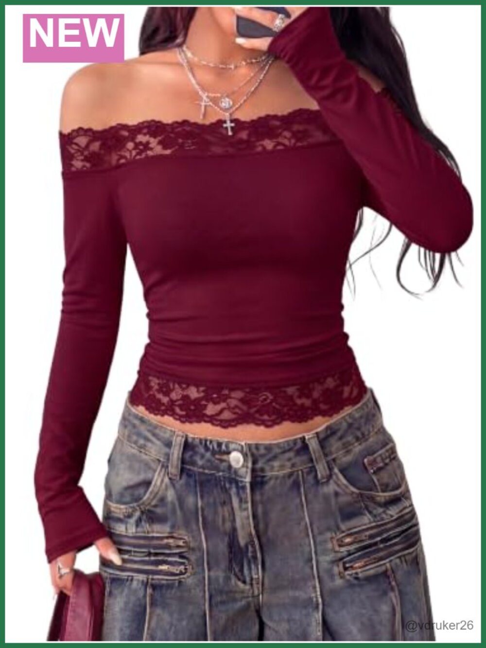 Lace Off Shoulder Crop Top Long Sleeve Ribbed Knit Going Out Top